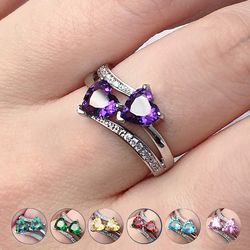 Silver-plated Double Heart Cubic Zirconia Wedding Ring: Stylish Gift for Women & Girls - Perfect for Birthdays!