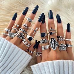 Vintage Halloween Gothic Silver Rings Set: Cross, Skeleton, Snake, Playing Cards - Fashion Jewelry for Women & Men - IPA