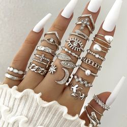 Charming Silver Geometric Knuckle Rings Set - Eye, Cross, Sun, Moon, Leaf Charms for Women - Boho Party Jewelry