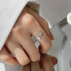 LATS Silver Double Cross Flashing Zircon Open Ring - Trendy 2022 Fashion Jewelry for Women Students