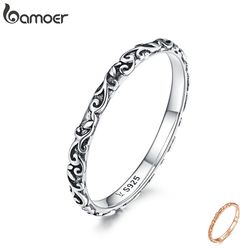 925 Sterling Silver Vintage Pattern Band Ring | BAMOER 2mm Silver Stacking Rings Women - SCR513