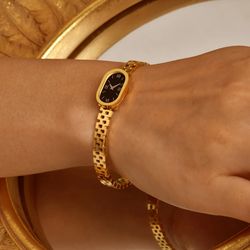 Gold Stainless Steel Watch-Style Cuff Bangle for Women: Elegant Metal Bracelet Wristband, Perfect Jewelry Gift for Girls