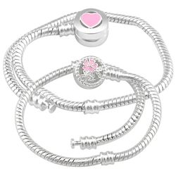 Pink Heart Silver Plated Snake Chain Bracelet: High-Quality 18-21cm Fit for Pandora Charms, PSC021