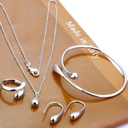 Simple S925 Silver Jewelry Set: Women's Water Drop Earrings, Ring & Bracelet – Perfect Gift for Her