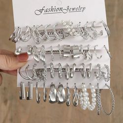 Vintage Silver Pearl Twist Hoop Earrings for Women: Geometric Dangle Jewelry Set, Trendy Gift Idea