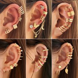 Creative Gold & Silver Leaf C Butterfly Ear Cuff Set for Women - Trendy Non-Piercing Clip Earrings