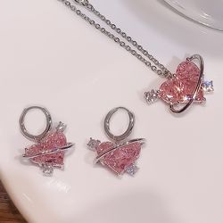 Exquisite Heart-Shaped Zircon & Pink Crystal Necklace Set for Women - New Fashion Jewelry Gifts