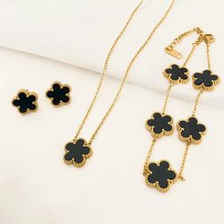 Luxury 3-Piece Stainless Steel Jewelry Set: Five Leaf Flower Pendant Necklace, Earrings & Bracelet - Trendy Women's Gift