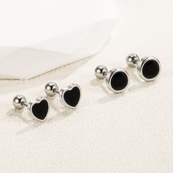 High-Quality 925 Sterling Silver Small Stud Earrings for Women - Luxury Black Heart & Star Round Jewelry with Free Shipp