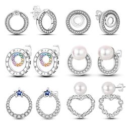 925 Sterling Silver Double Circle Earrings with Zircon for Women: Elegant Pierced Ear Studs for Fine Engagement