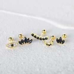 925 Sterling Silver Black CZ Crystal Stud Earrings for Women: Star, Moon, Heart & Flower Shape Party Jewelry