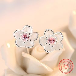 925 Sterling Silver Flower Stud Earrings with Crystal - Women's Fashion XY0202v