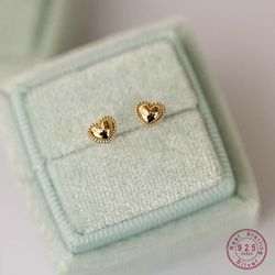 925 Sterling Silver & 14k Gold Plated Heart Stud Earrings - Cute Cake Design, Simple Korean Student Jewelry Wholesale