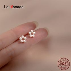 La Monada 925 Sterling Silver Flower Stud Earrings with Small Fake Pearl for Women and Girls 1