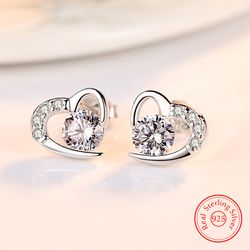 925 Sterling Silver Heart Stud Earrings with Crystal - New Women's Jewelry XY0201