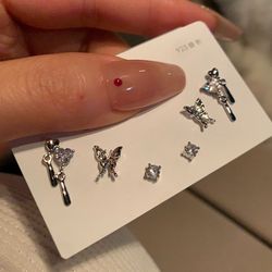 2023 Trendy Jewelry Gifts: 6Pcs/set Silver Rhinestone Butterfly & Punk Heart Earring Sets for Women