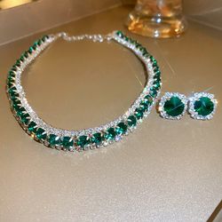FYUAN Luxury Green Crystal Necklace and Earrings Set - Elegant Bridal Jewelry for Women's Weddings