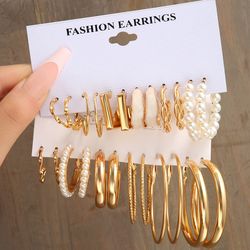 Boho Vintage Gold Earring Set: LATS Big Circle Hoops, Pearl Square & Heart Zircon Studs for Women