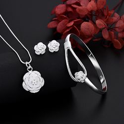 925 Sterling Silver Floral Jewelry Set for Women - Retro Charm Necklace, Earrings, Bangle - Wedding Gift, Trendy & Lovel