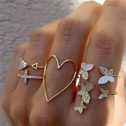 Korean Vintage Gold & Silver Pearl Ring Set: Butterfly & Hollow Heart Women's Jewelry Accessories