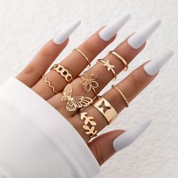 10-Piece Flower, Butterfly, and Geometric Ring Set - Elegant Wedding & Party Jewelry for Women