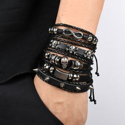 Men's Viking Leather Bracelet with Woven Skull Detail - Adjustable Hand Jewelry Set