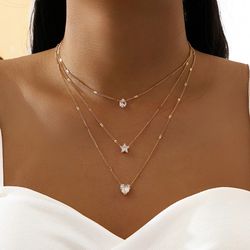 Women's Vintage Layered Necklace Set with Crystal Zircon Heart, Star, and Square Rhinestone Charms
