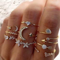 Bohemian 9-Piece Crystal Ring Set: Personalized Love Butterfly, Star, and Moon Rings for Women and Girls