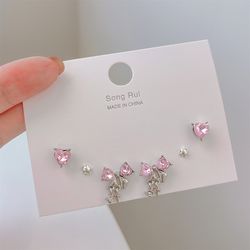 17KM INS Y2K Pink Heart Stud & Bow Dangle Earrings: Korean Style Crystal Drop Fashion Jewelry for Women & Girls
