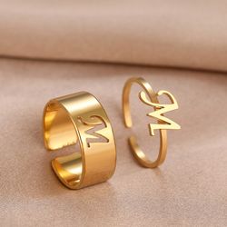 Stainless Steel A-Z Letter Rings: Adjustable Goth Fashion Couple Jewelry, Wedding & Kpop Gifts (2Pcs/set)