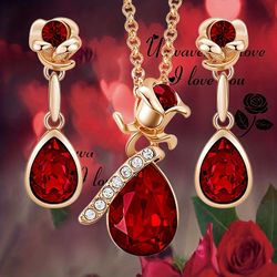 Luxury Ruby Rose Flower & Droplet Pendant Necklace Earrings Set: Wedding Anniversary Gift for Women