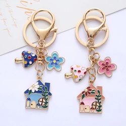 Flower Room Metal Keychain House Cute Colored Small Flower Mushroom Pendant Decoration Pink Blue Jewelry Accessories New
