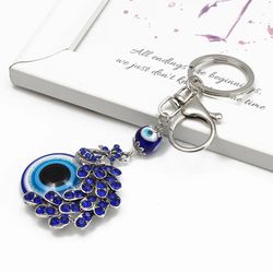 Fashion Blue Crystal Peacock Keychain Keyring Trinket Purse Bag Evil Eye jewelry