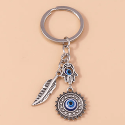 Bohemia Evil Eye Hamsa Hand Keychain for Women Men Blue Eye Sun Feather Key Ring Bag Pendant Car Key Holder Ring