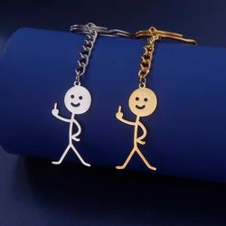Fishhook Funny Fuxk You Middle Finger Stickman Keychain School Bag Car Key Ring Trinket Gift Man Woman Stainless Steel