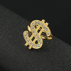 Fashion Us Dollar Sign Rings Letter Rhinestone Opening Adjustable Ring Hip Hop Rappers Finger Jewelry for Men