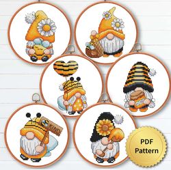SET of 6 Summer Bee Gnome Cross Stitch Pattern