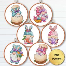 SET of 6 Funny Easter Gnomes Cross Stitch Pattern, Easy Cute Gnome Easter Ornaments Embroidery, Counted Chart