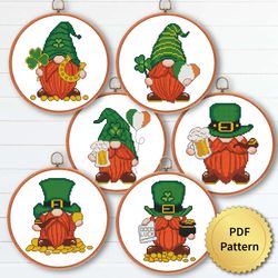 SET of 6 Funny Lucky Gnomes Cross Stitch Pattern, Easy Cute Gnome St Patricks Embroidery, Counted Chart, Modern Design