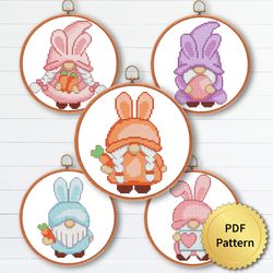 SET of 5 Funny Easter Gnomes Cross Stitch Pattern, Easy Cute Gnome Easter Ornaments Embroidery, Counted Chart