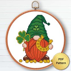Lucky Gnome Cross Stitch Pattern, Easy Cute Gnome St Patricks Embroidery, Counted Chart, Modern Design