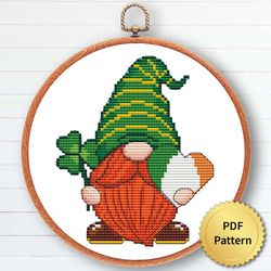 Lucky Gnome Cross Stitch Pattern, Easy Cute Gnome St Patricks Embroidery, Counted Chart, Modern Design 2