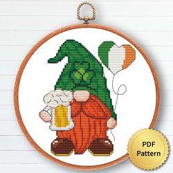 Lucky Gnome Cross Stitch Pattern, Easy Cute Gnome St Patricks Embroidery, Counted Chart, Modern Design 3
