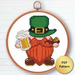 Lucky Gnome Cross Stitch Pattern, Easy Cute Gnome St Patricks Embroidery, Counted Chart, Modern Design 4