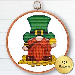 Lucky Gnome Cross Stitch Pattern, Easy Cute Gnome St Patricks Embroidery, Counted Chart, Modern Design 5
