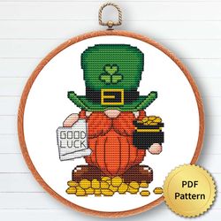Lucky Gnome Cross Stitch Pattern, Easy Cute Gnome St Patricks Embroidery, Counted Chart, Modern Design 6