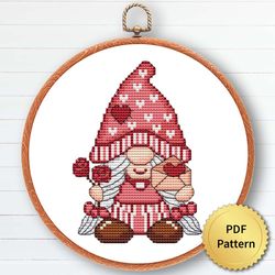 Love Gnome Cross Stitch Pattern, Easy Cute Valentine's Day Gnome Ornaments Embroidery, Counted Chart 1 of 6
