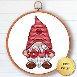 Love Gnome Cross Stitch Pattern, Easy Cute Valentine's Day Gnome Ornaments Embroidery, Counted Chart 2 of 6