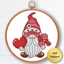 Love Gnome Cross Stitch Pattern, Easy Cute Valentine's Day Gnome Ornaments Embroidery, Counted Chart 3 of 6