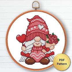 Love Gnome Cross Stitch Pattern, Easy Cute Valentine's Day Gnome Ornaments Embroidery, Counted Chart 6 of 6